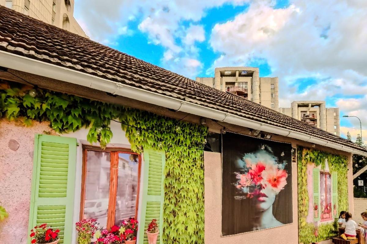 The ivy covered pink wall at Casa del Gelato with children playing in front