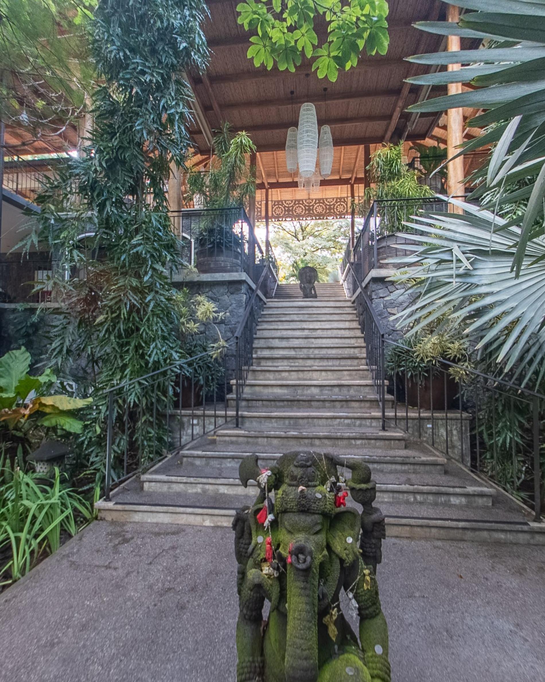 A stone staircase climbing between planted walls, a carved stone figure at the foot of it and a timber gateway at the top