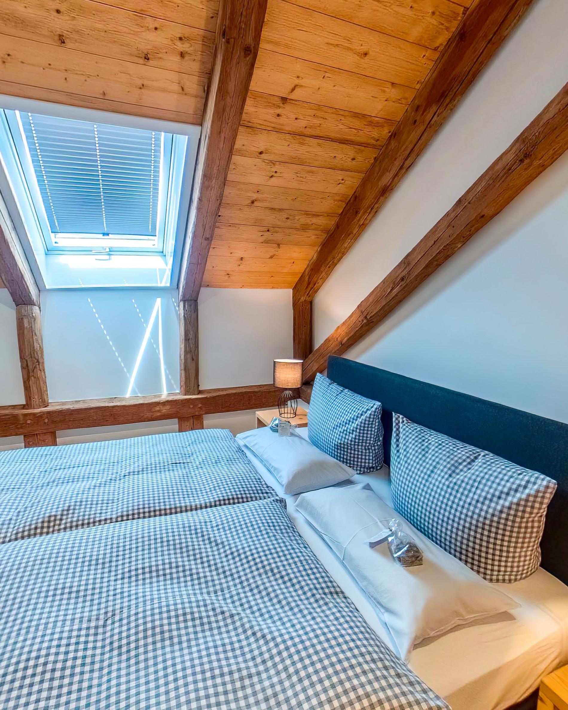 A bed with blue checked pillows under the sloping roof and a roof window above it