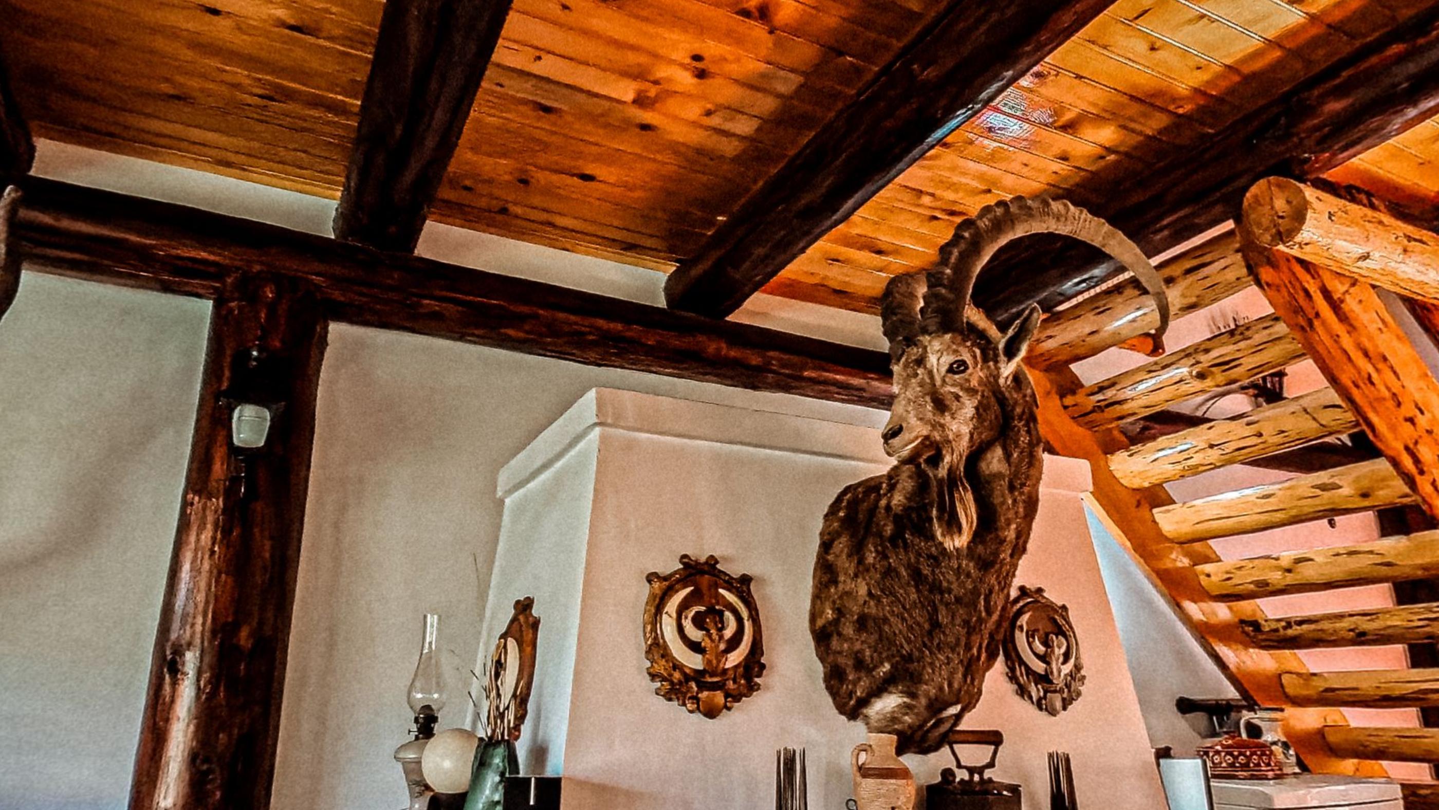 A heavy timber mantel with oil lamps on it and a mounted ibex head above, pine beams across the ceiling