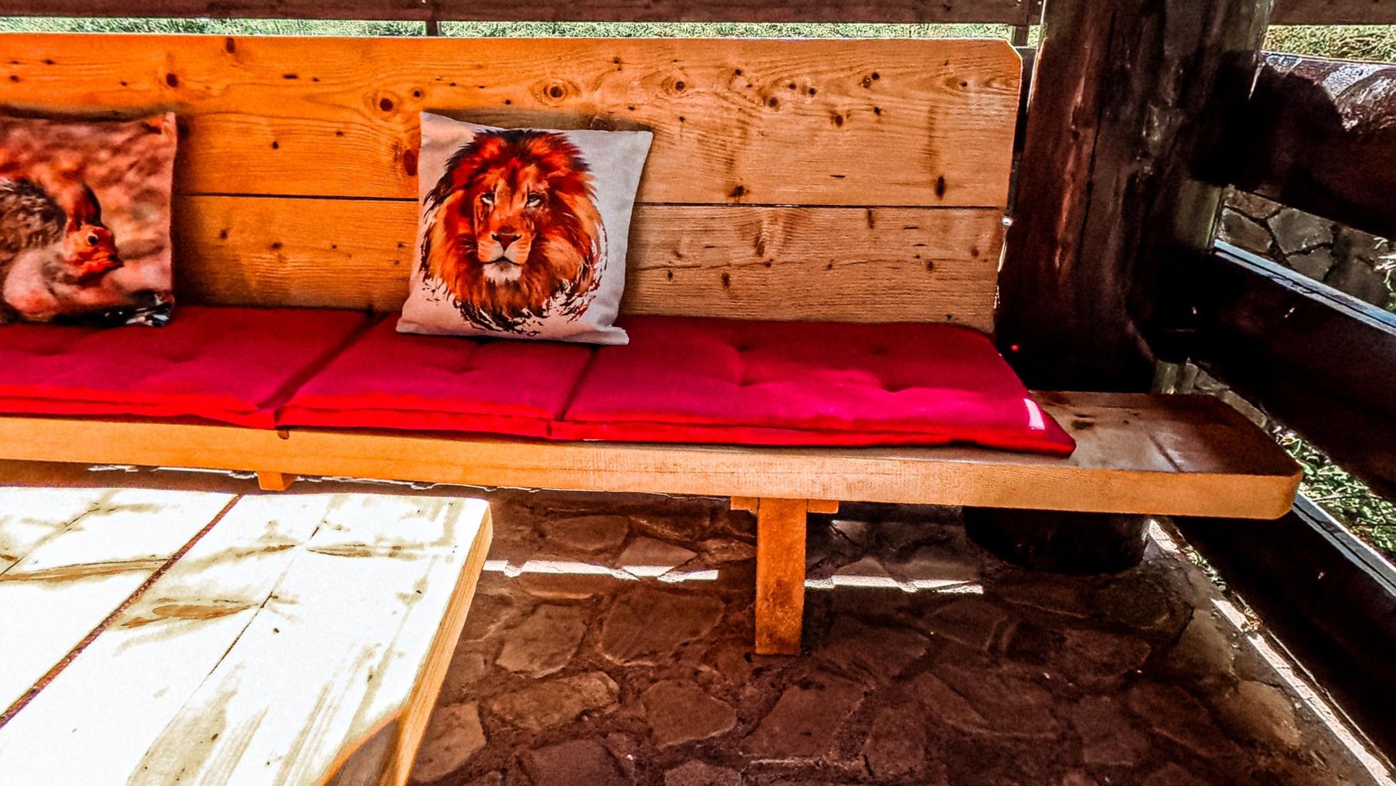 A long built in timber bench on the porch with a red cushion and a lion print pillow, stone floor underneath