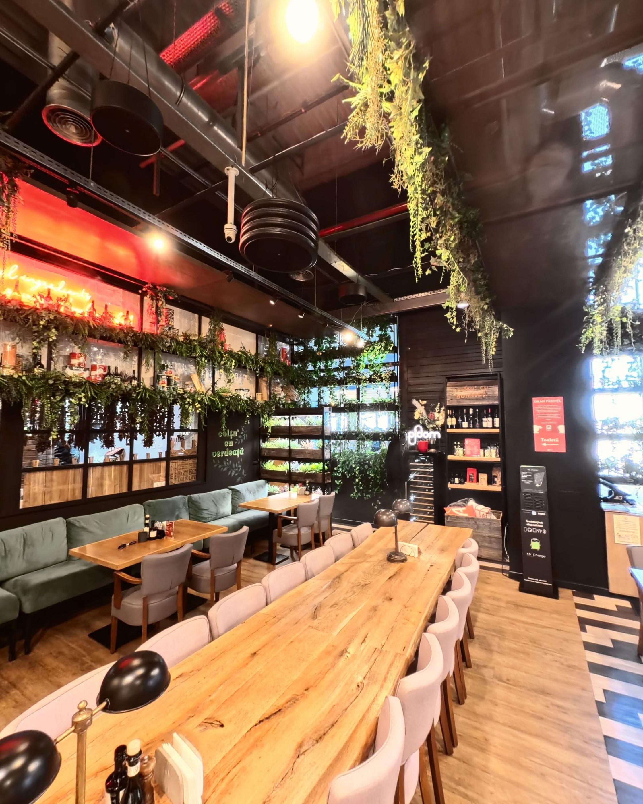 Green banquette seating under hanging plants and warm lights