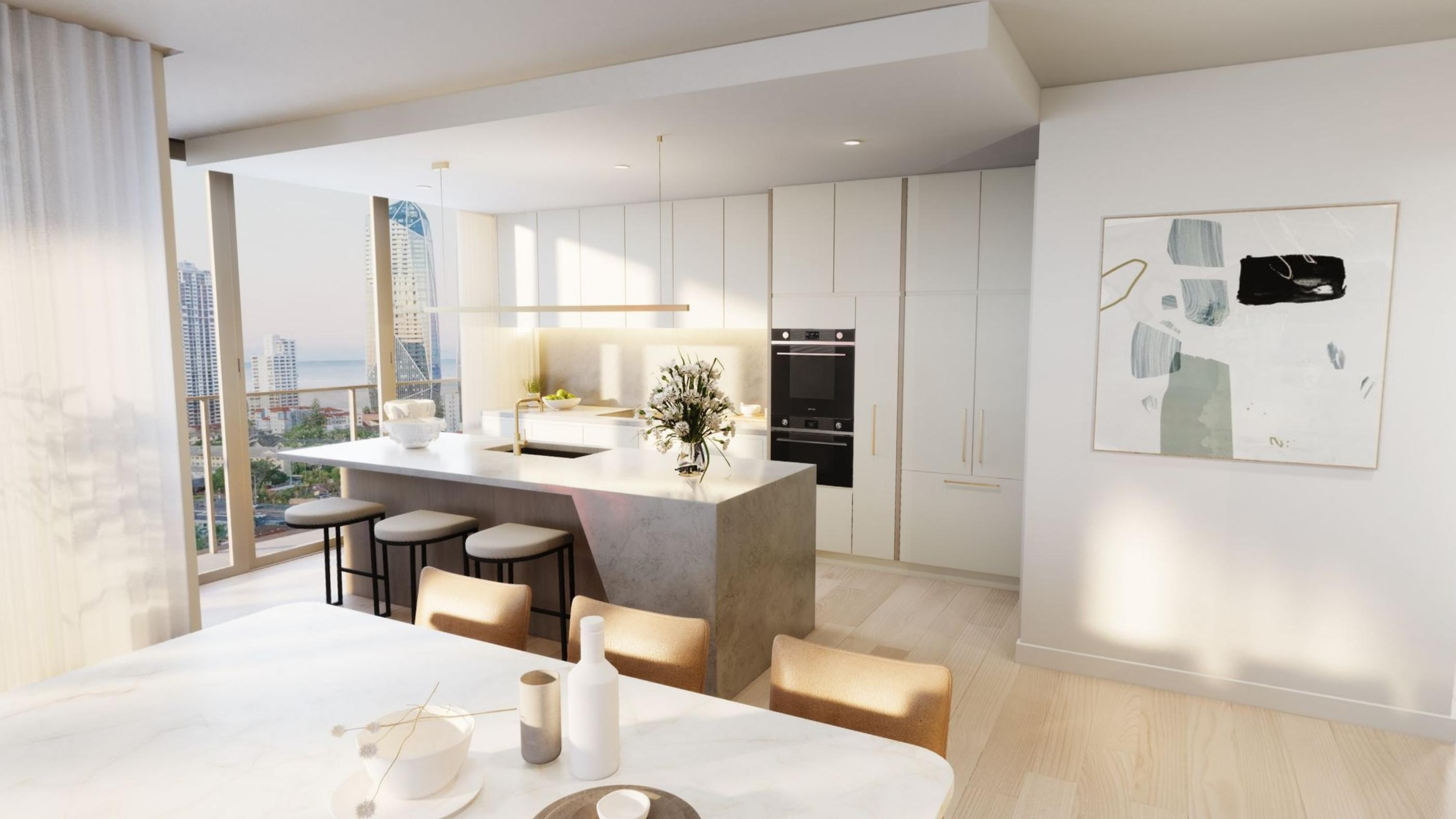 A second apartment layout with the kitchen along the wall and a dining table at the glazing