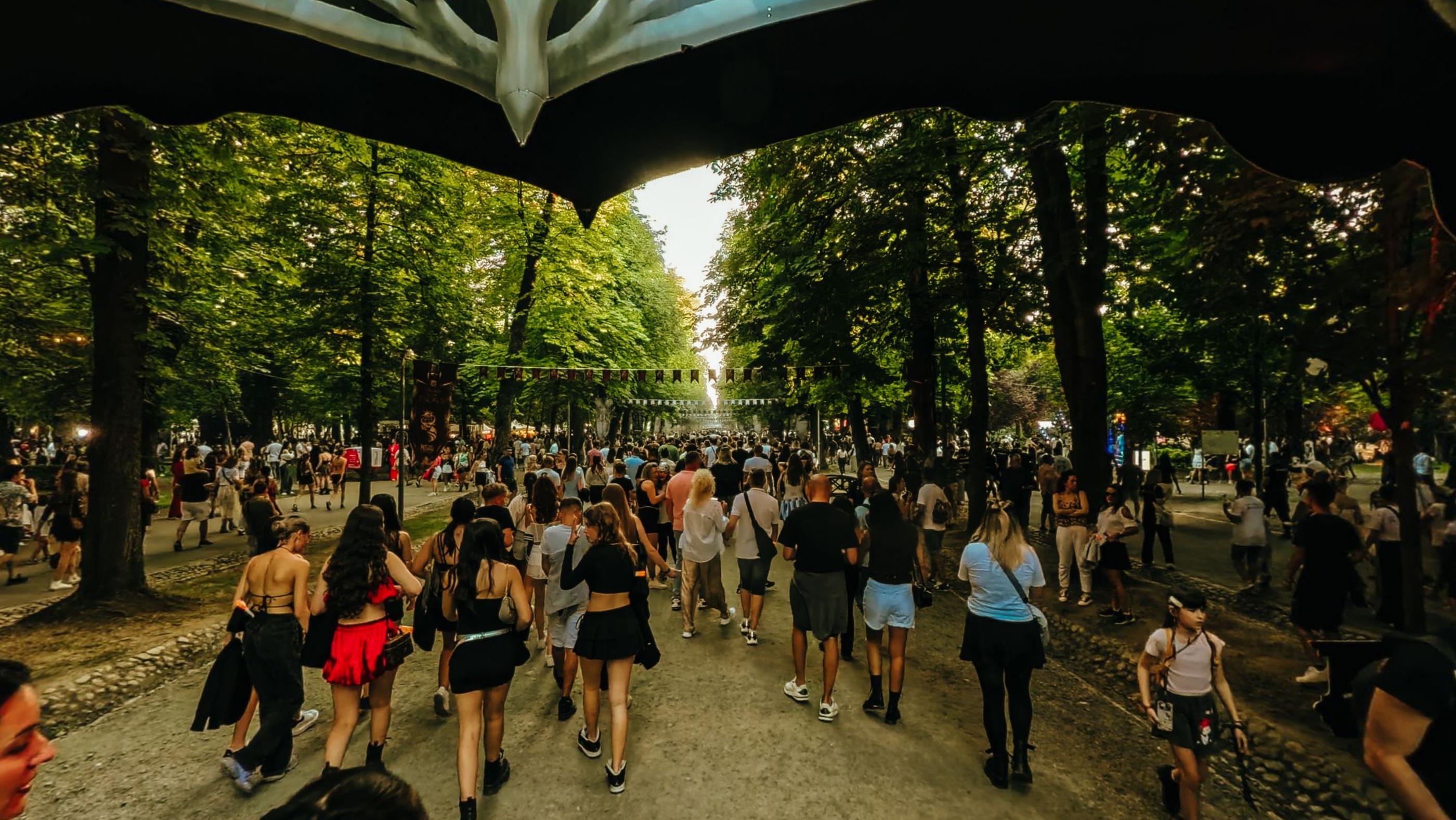 Crowds walking up the tree lined avenue into the festival in the afternoon